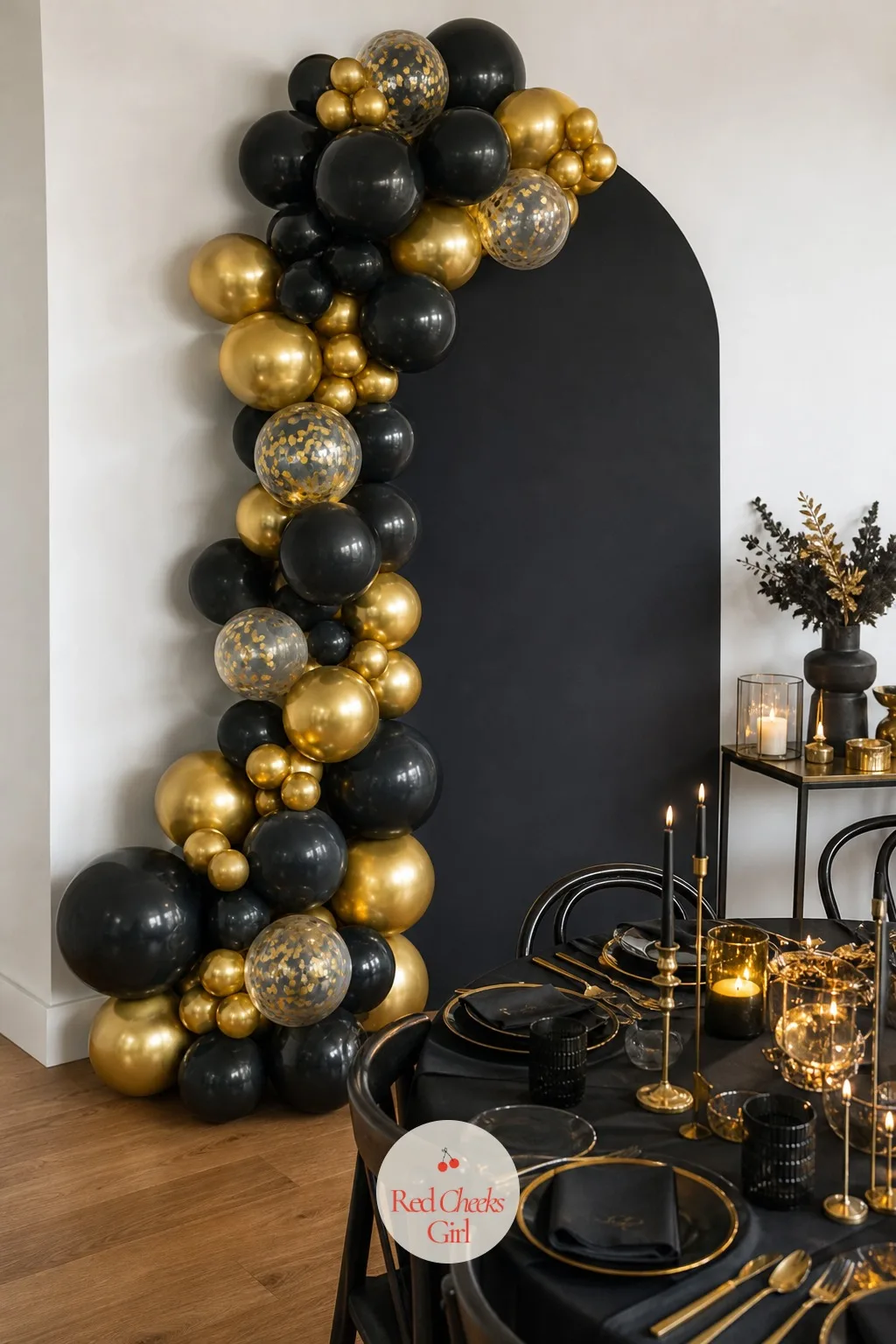 The Black Arch Panel With a Spilling Gold and Black Balloon Garland — A bare corner says nothing, and a flat wall behind the sofa usually just disappears into
