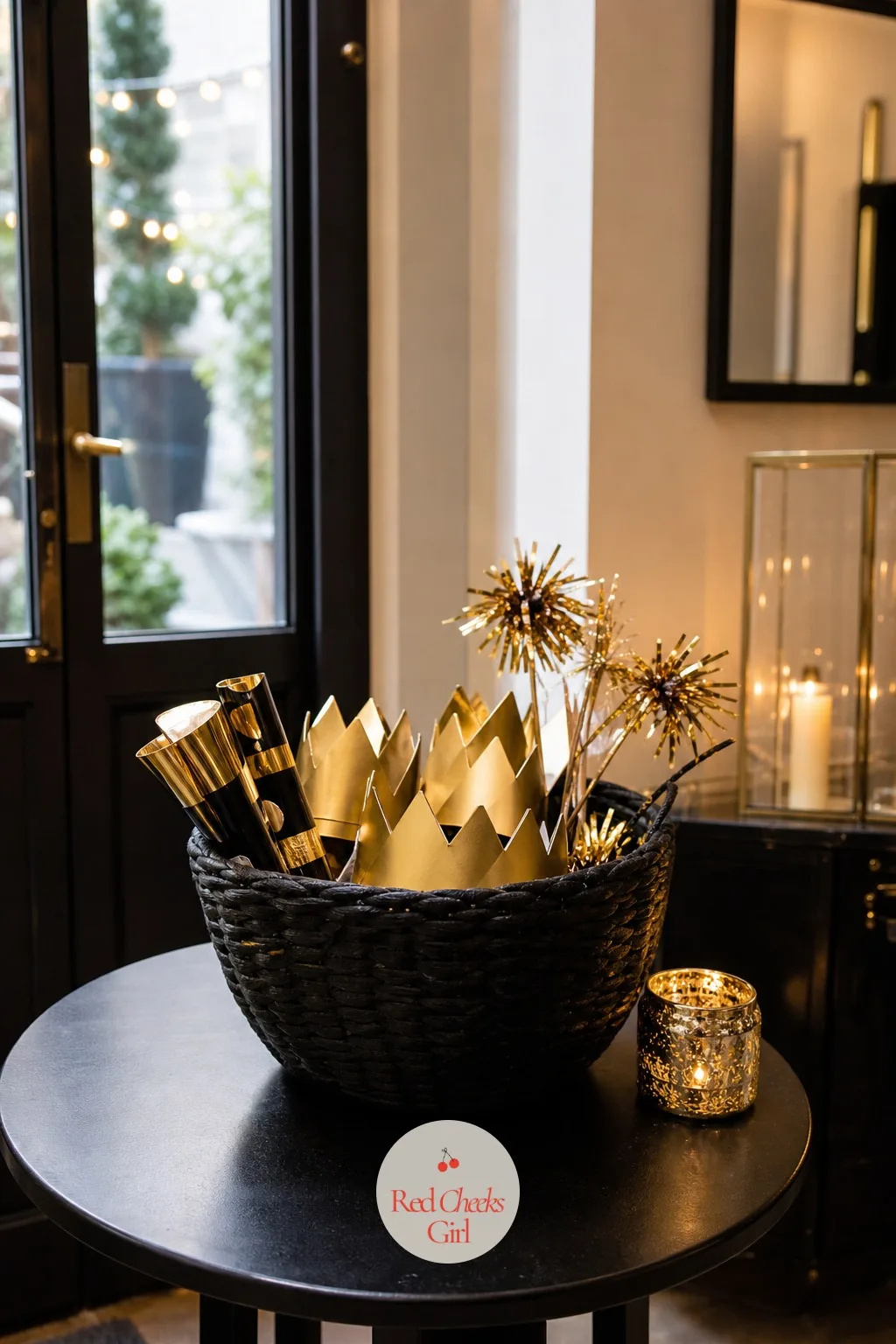 A Black Basket of Gold Paper Crowns and Noisemakers by the Door — Digging through a junk drawer for noisemakers at eleven fifty nine never goes well, and