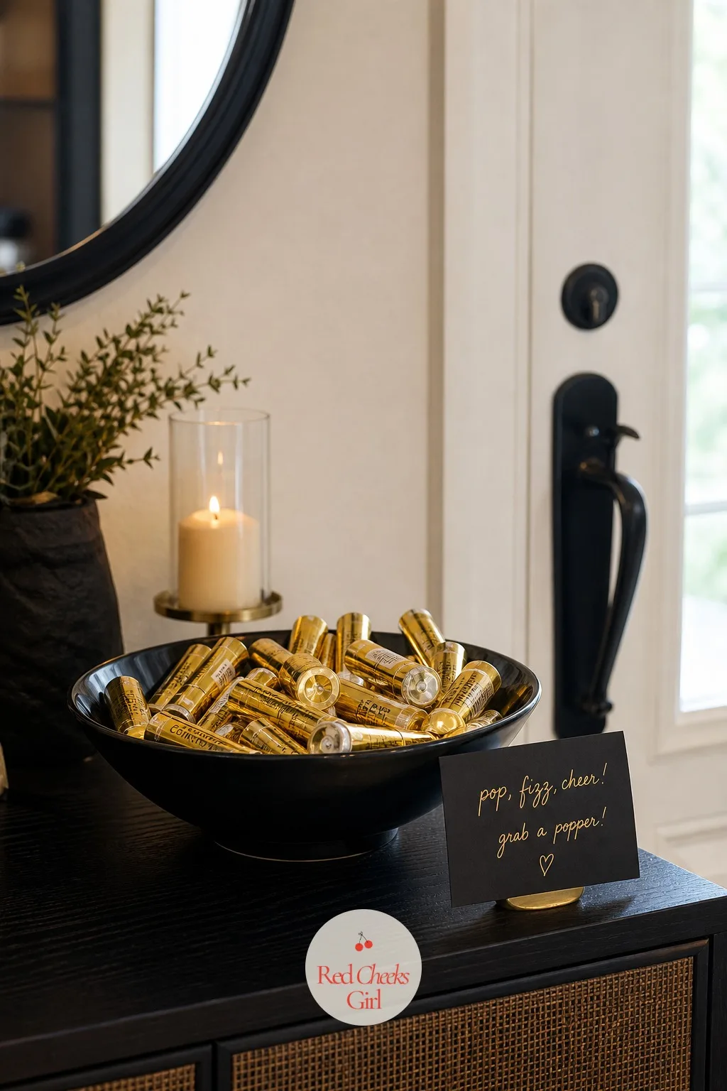 A Black Bowl of Gold Confetti Poppers by the Front Door — Nobody remembers to supply confetti until the clock is already counting down, and by then it's too