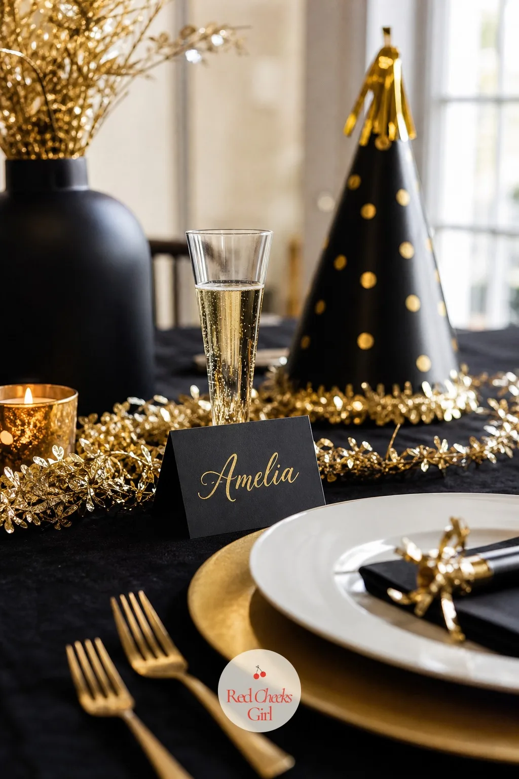 Black Place Cards in Gold Calligraphy Propped Against Mini Champagne Flutes — She worries place cards feel too formal for a home party, and they can, if they