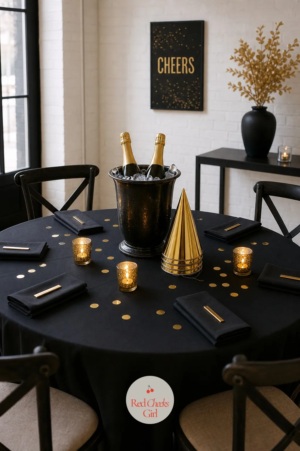 The Black Tablecloth Set With a Champagne Bucket and Gold Party Hats — She will say a party hat on the table looks juvenile, and on its own, it might. Black