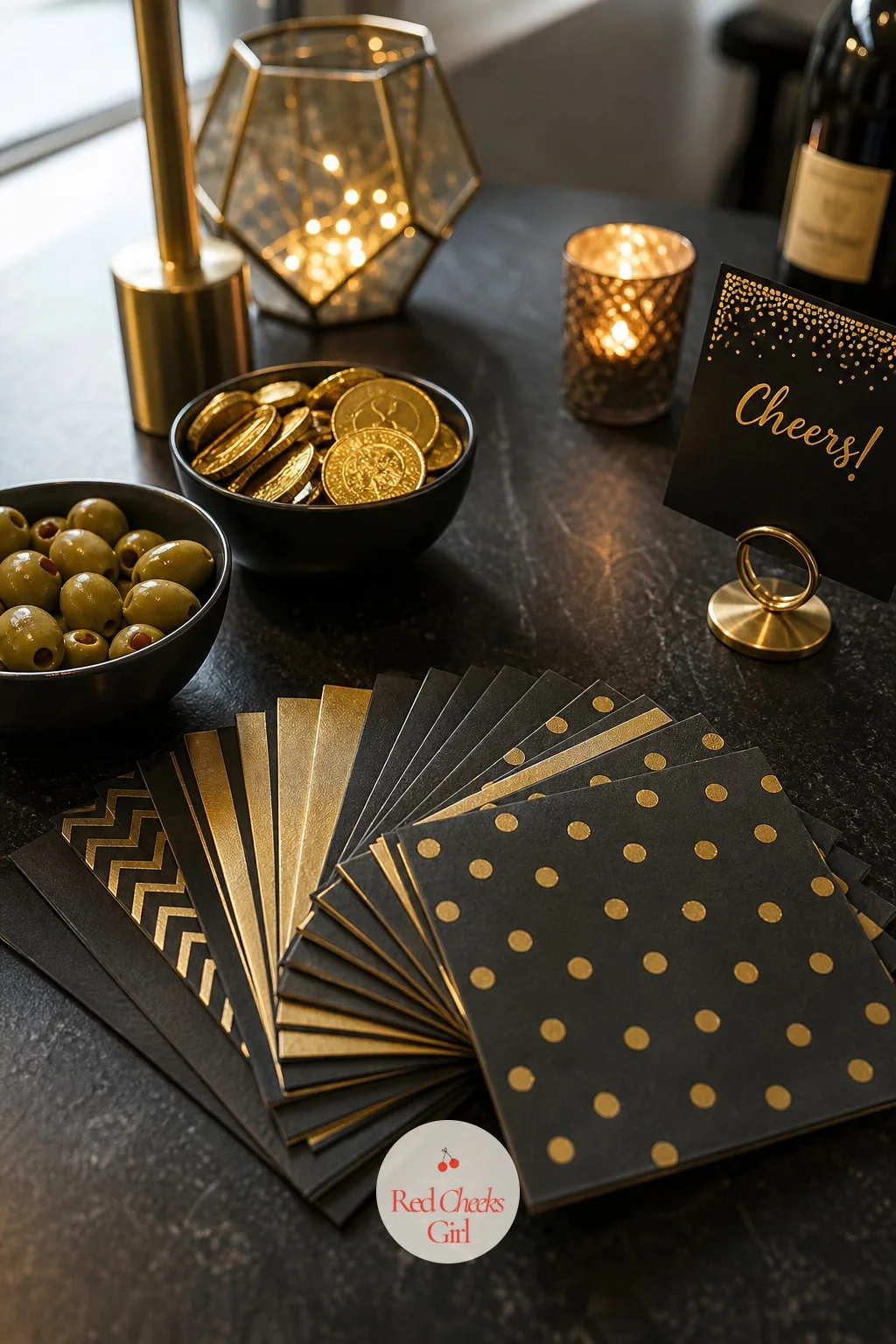 A Fan of Black and Gold Cocktail Napkins Beside a Bowl of Gold Foil Chocolate Coins — Nobody wants to hunt for a napkin mid pour, and bare bar surfaces make