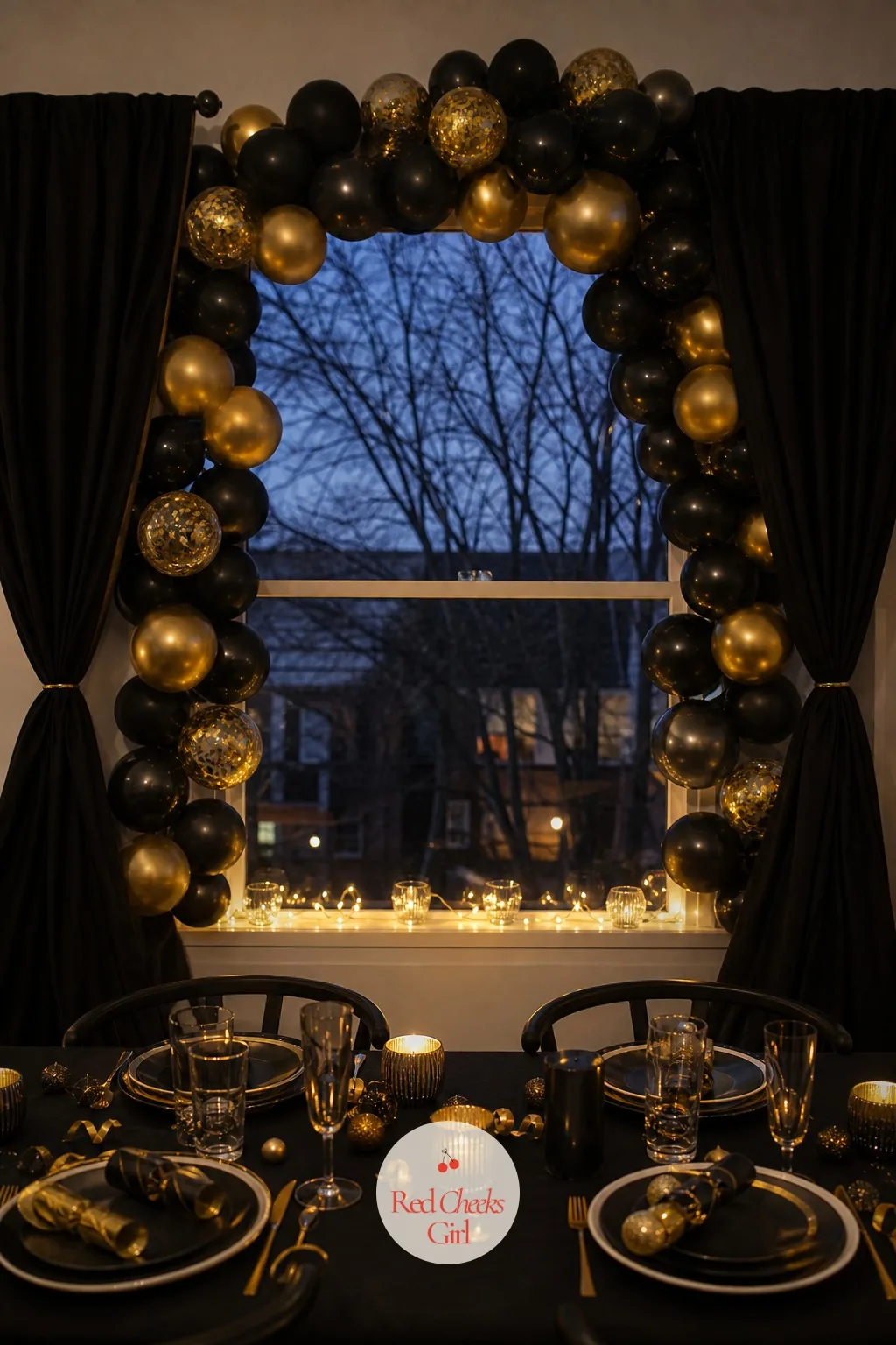 A Gold and Black Balloon Garland Framing the Window at Dusk — Once it gets dark outside, the window usually just goes black and flat, doing nothing for the