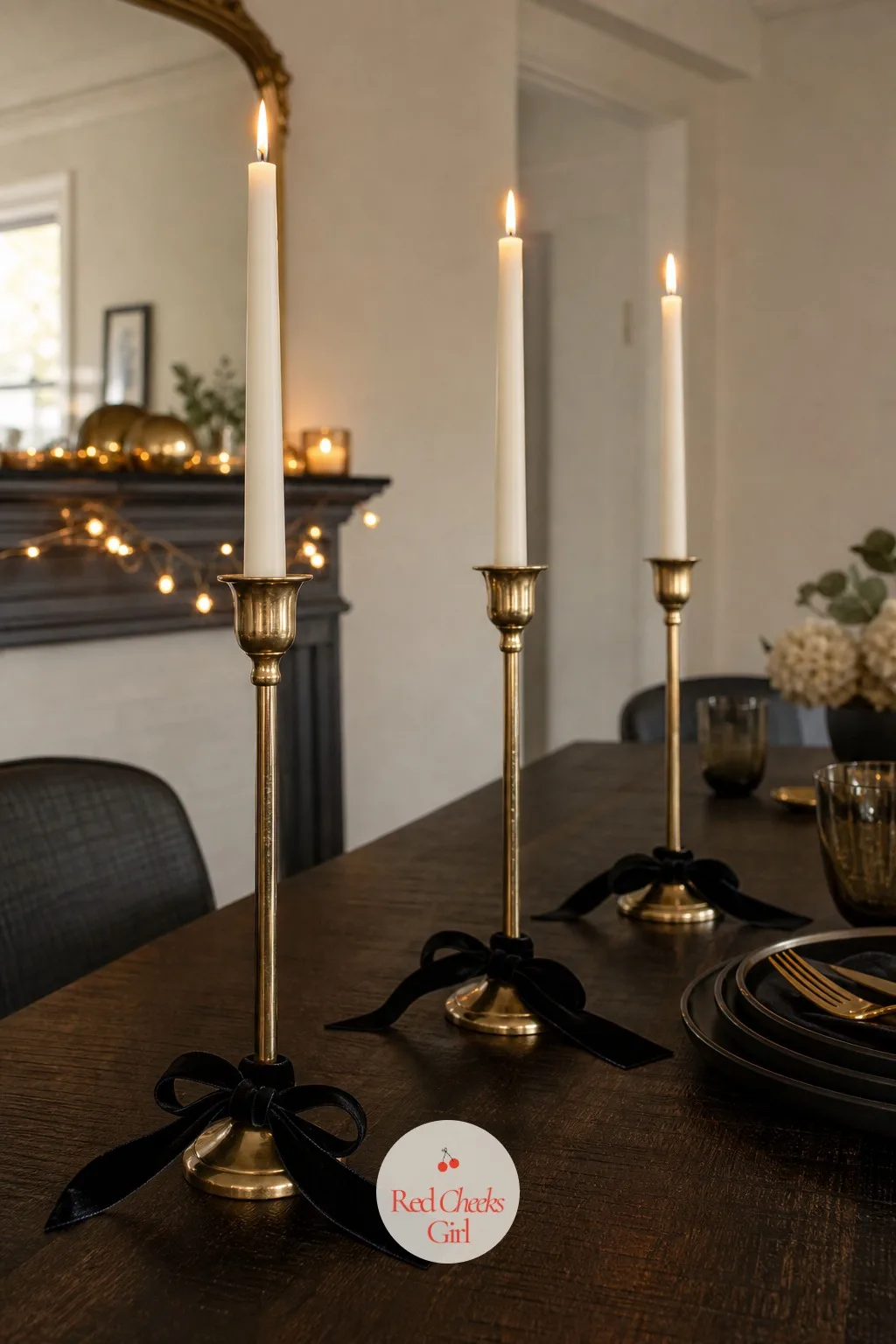 Gold Candlesticks Tied With a Black Velvet Bow at the Base — Candlesticks on their own look like they are waiting for something to happen around them. Black