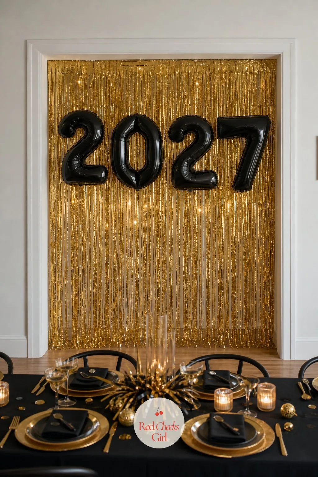 A Gold Fringe Curtain Strung With Black Foil Number Balloons — The gold curtain catches every bit of lamp light in the room, which is exactly why it works