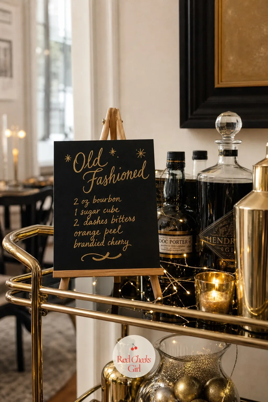 A Hand Lettered Cocktail Sign Propped on a Small Easel by the Cart — A drinks table with no sign just gets stared at, guests unsure whether there's a plan or