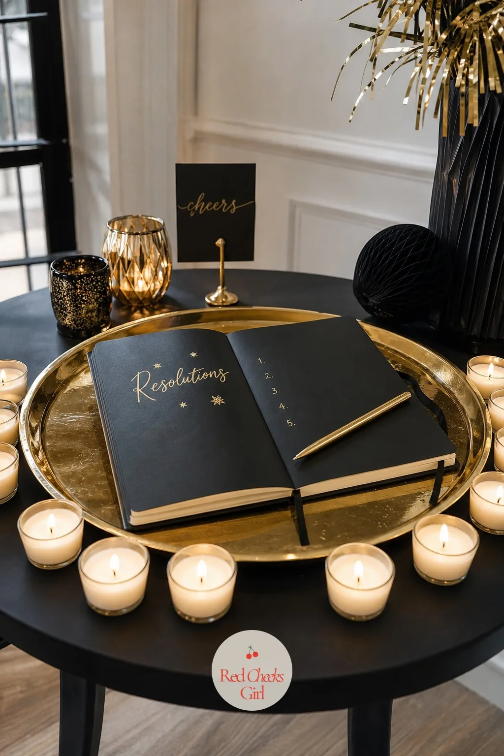 A Resolutions Journal on a Gold Tray Surrounded by Low Candles — She worries a guest book feels like a wedding leftover, something too earnest for a New Year's