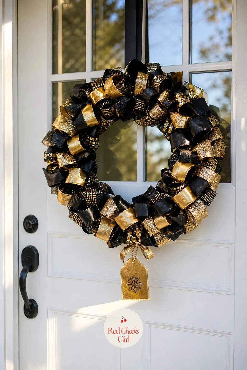 A Ribbon Loop Wreath of Black and Gold on the Front Door — The door usually gets forgotten until the first guest is already standing on the step, which is