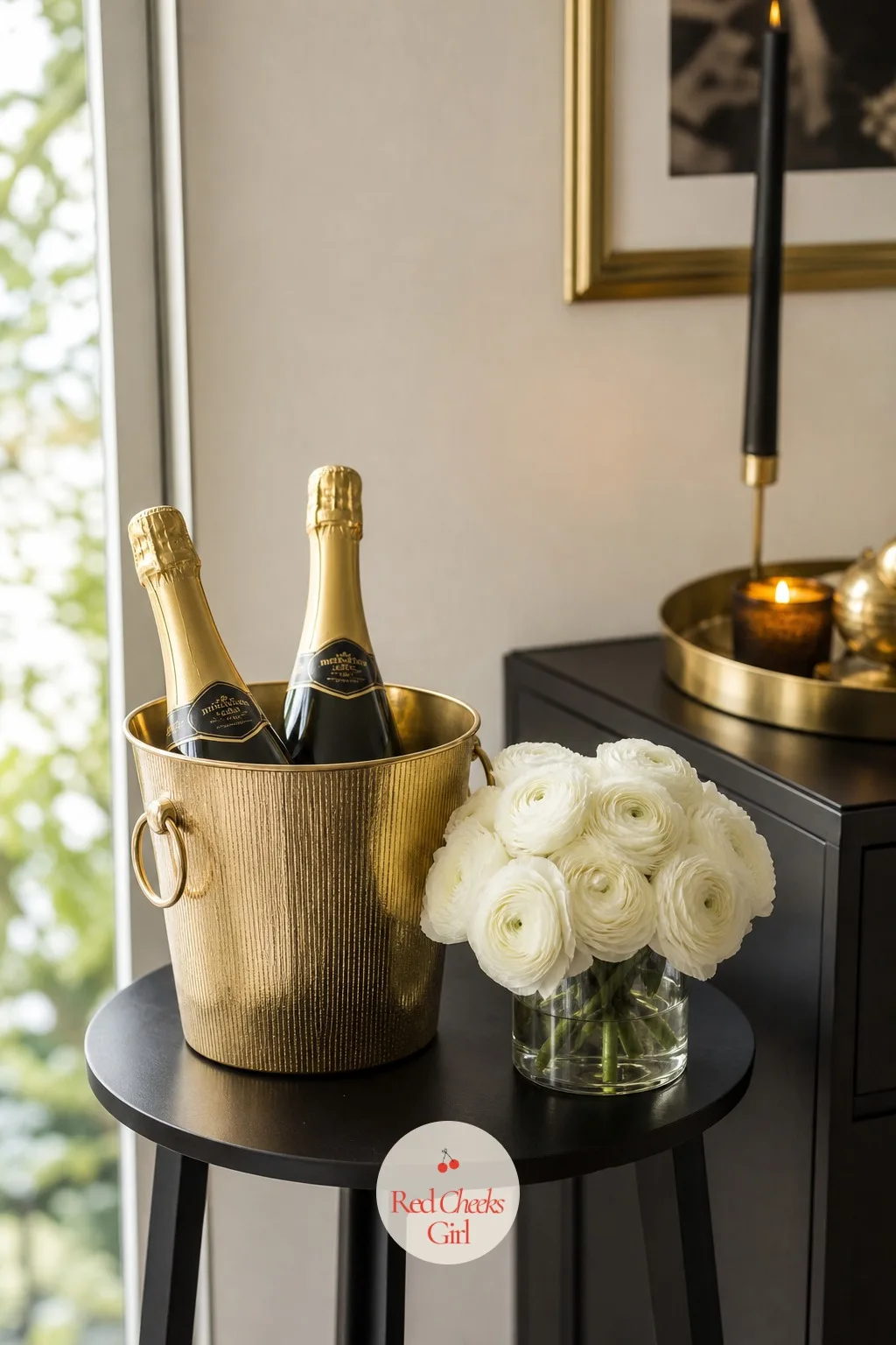A Side Table With a Gold Ice Bucket and a Short Vase of White Ranunculus — The sideboard fills up fast once food arrives, leaving nowhere for the backup