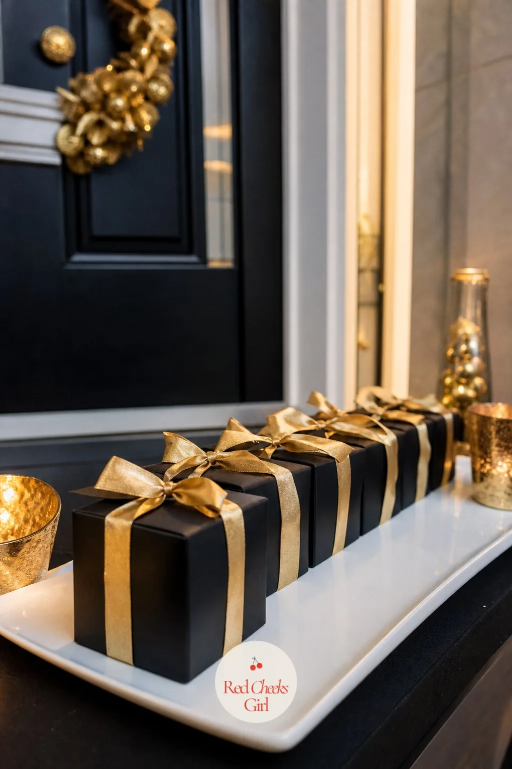 Small Black Favor Boxes Tied With Gold Ribbon on a White Tray — Favors can feel like one more thing to buy, wrap and remember on top of everything else. Black