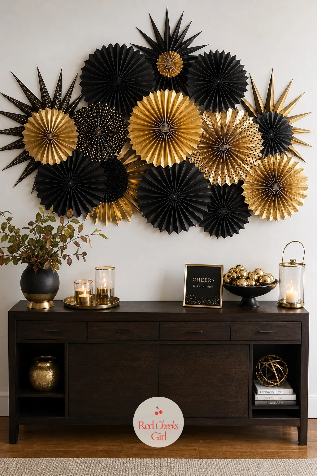 A Sunburst of Gold and Black Paper Fans Over the Console — A plain wall above a side table rarely gets a second look, which is a shame because it is the
