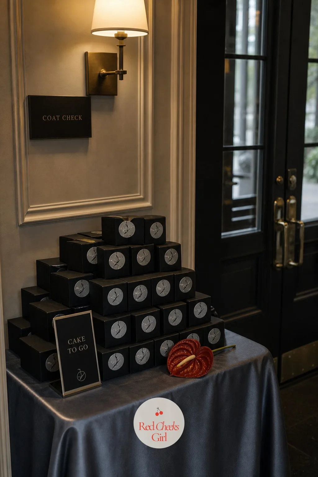 Cake Slice Boxes By The Door — Half the cake always goes back to the kitchen untouched, which feels like a shame given how much thought went into it. Black tie