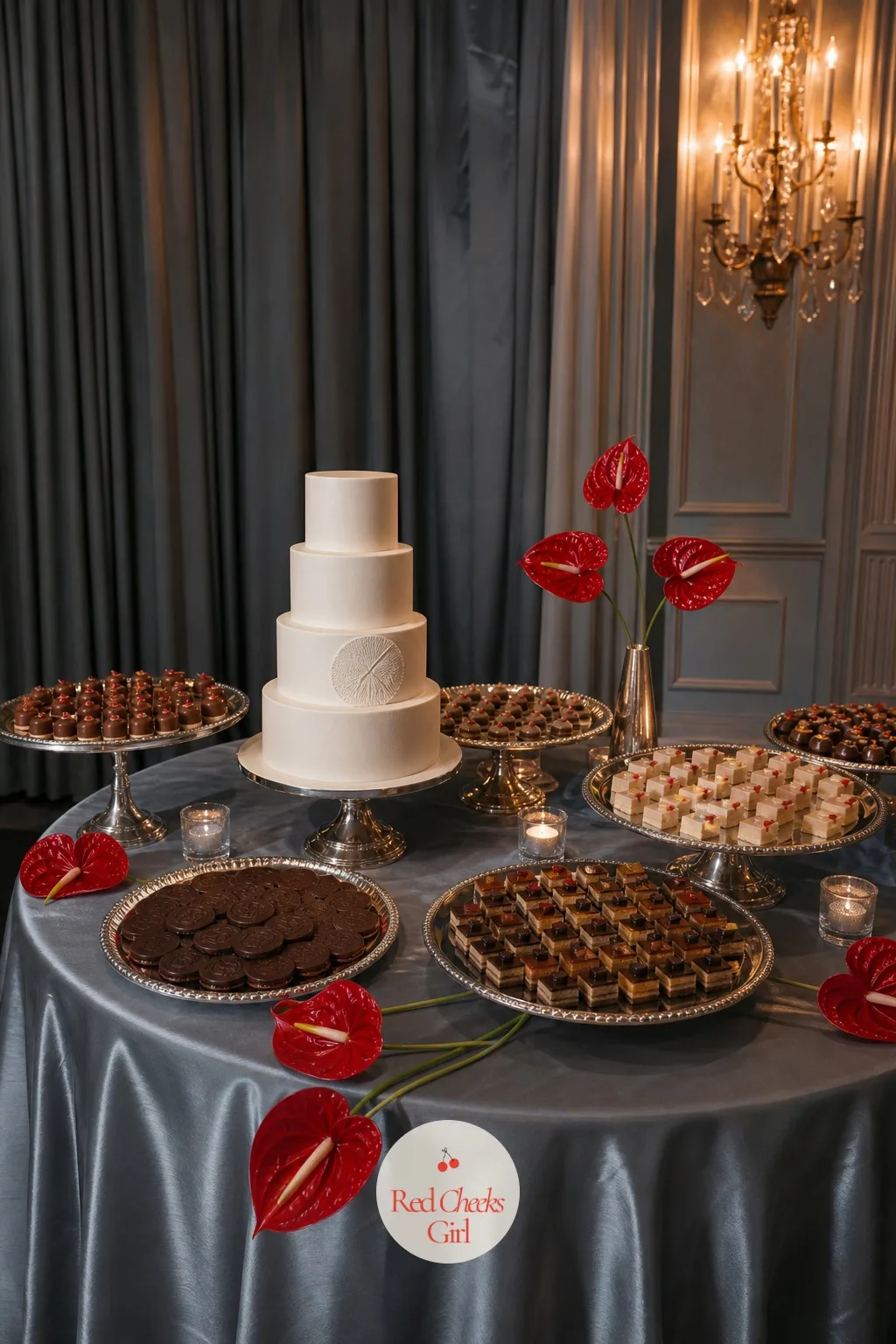 A Dessert Table Behind The Cake — One cake alone on a bare table looks thin at a reception this size, even a very good cake. Black tie wedding