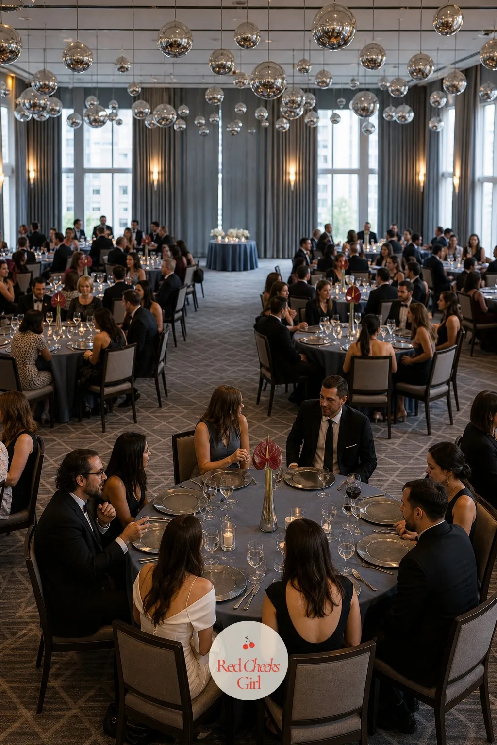Guest Tables In Strict Geometric Rows — A ballroom full of round tables scattered at random always reads like a conference that ran long, and black tie has no