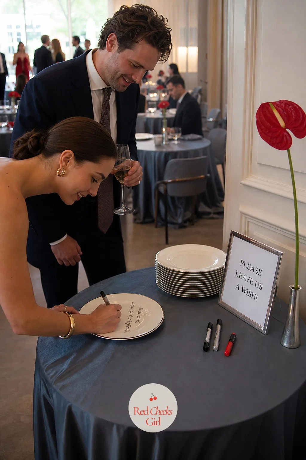 Guests Writing Wishes On Plates — A guest book nobody reads again is a familiar kind of waste. Black tie wedding
