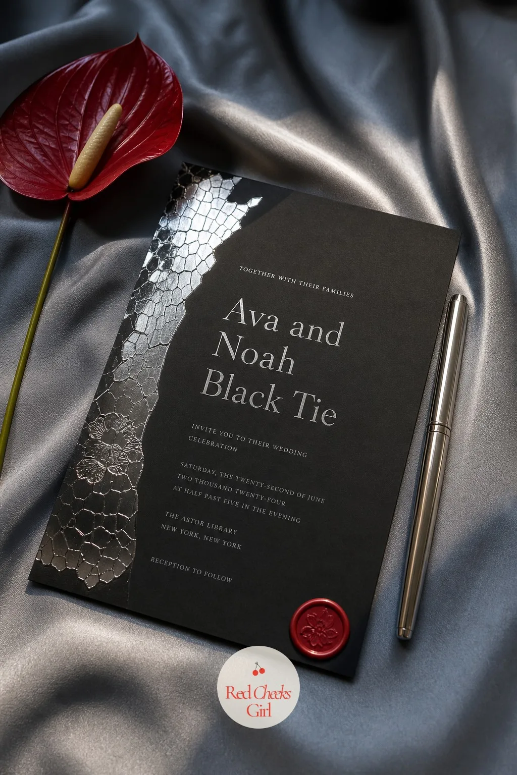 The Invitation, With The Plate Motif Foiled In Silver — By the time the invitation gets designed, the whole party already exists somewhere on a mood board.