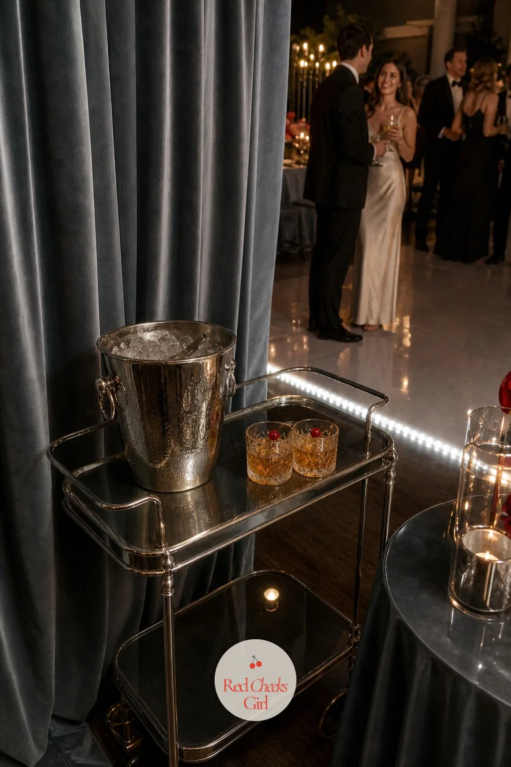A Late-Night Bar Cart Near The Dance Floor — By midnight the formal bar can loosen slightly without breaking the palette it has held all night. Black tie