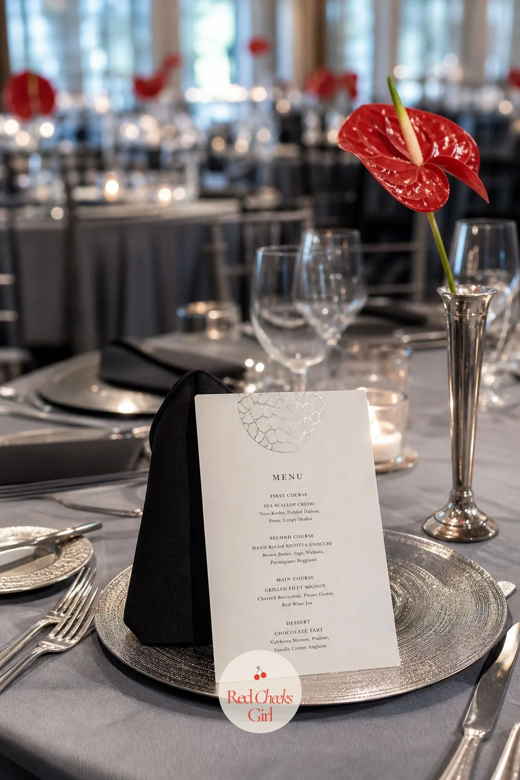 Menu Cards With The Plate Motif — A course list in plain type does the job but misses a chance to tie the table back to the rest of the day. Black tie wedding