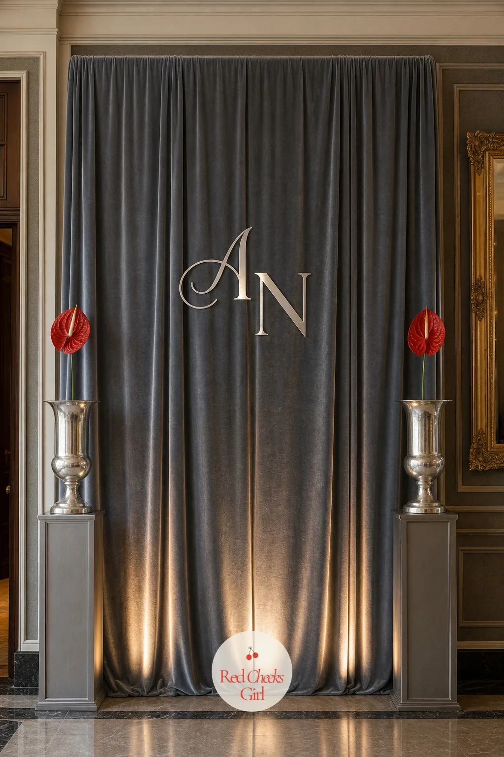 A Monogrammed Entrance Backdrop — The first photograph any guest takes is at the door, and a bare wall there sets the wrong tone before the evening even