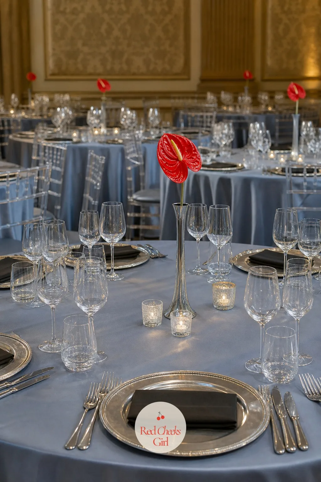 One Red Anthurium Per Table — A table crowded with greenery fights the whole point of modern black tie, which wants restraint, not abundance. Black tie wedding