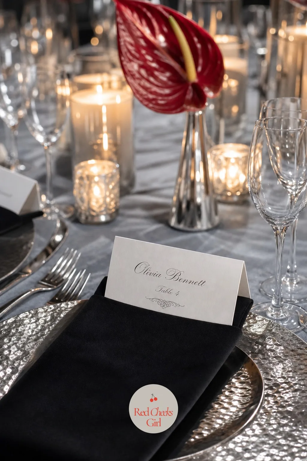 Place Cards Tucked Into The Napkin — A name card at every seat keeps the whole seating plan from unraveling the moment guests sit down. Black tie wedding
