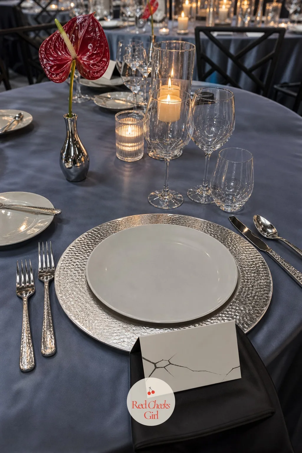 Silver Chargers At Every Place — A bare white plate on bare linen always reads rental-house, no matter how good the food is. Black tie wedding