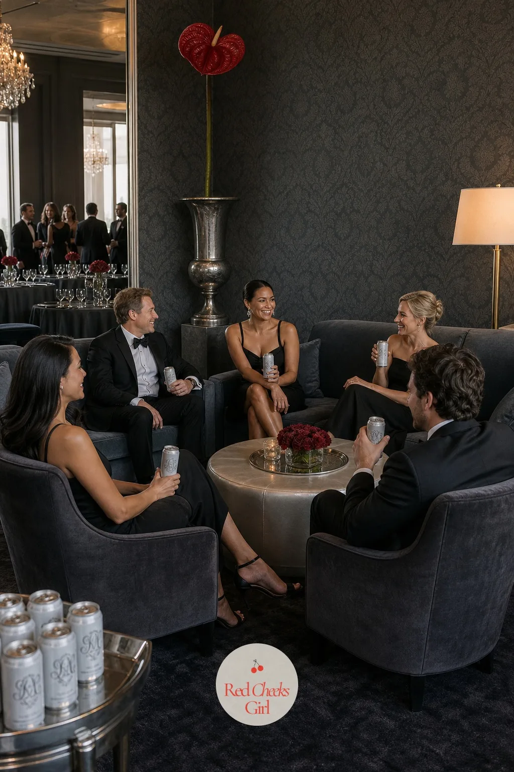 A Velvet Lounge Corner For Cocktail Hour — Nobody wants to stand through an hour of canned cocktails with nowhere to put a glass down, so give the room