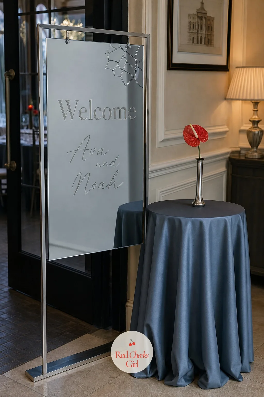A Welcome Sign In Grey-Blue And Silver — Guests need one clear signal the moment they walk in that they are in the right place and dressed for the right night.