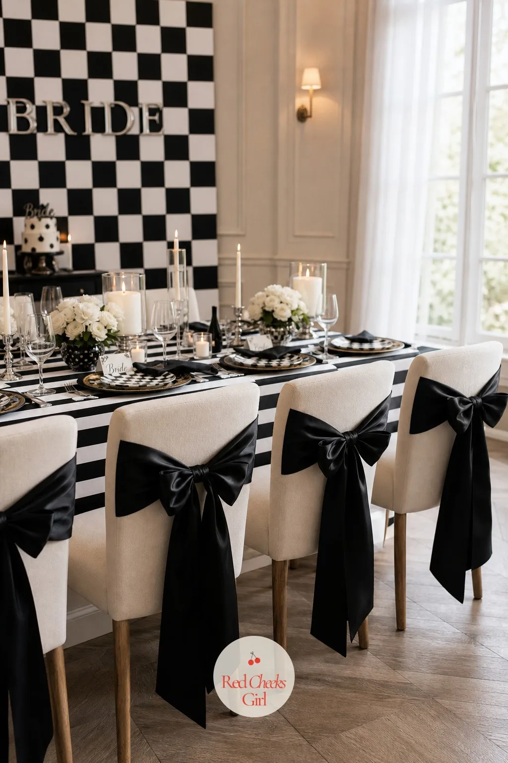 Black Bow Chair Sashes — An empty chair back looks unfinished once the table is set. Black and white bachelorette party