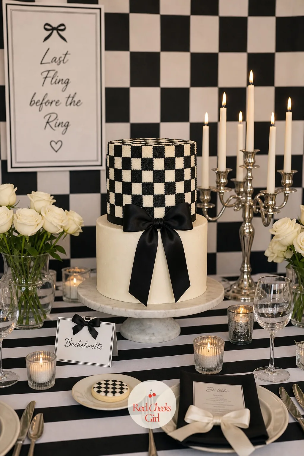 Black and White Cake — The cake carries more weight than any other single object on the table, so it earns the checkerboard pattern at full size rather than a