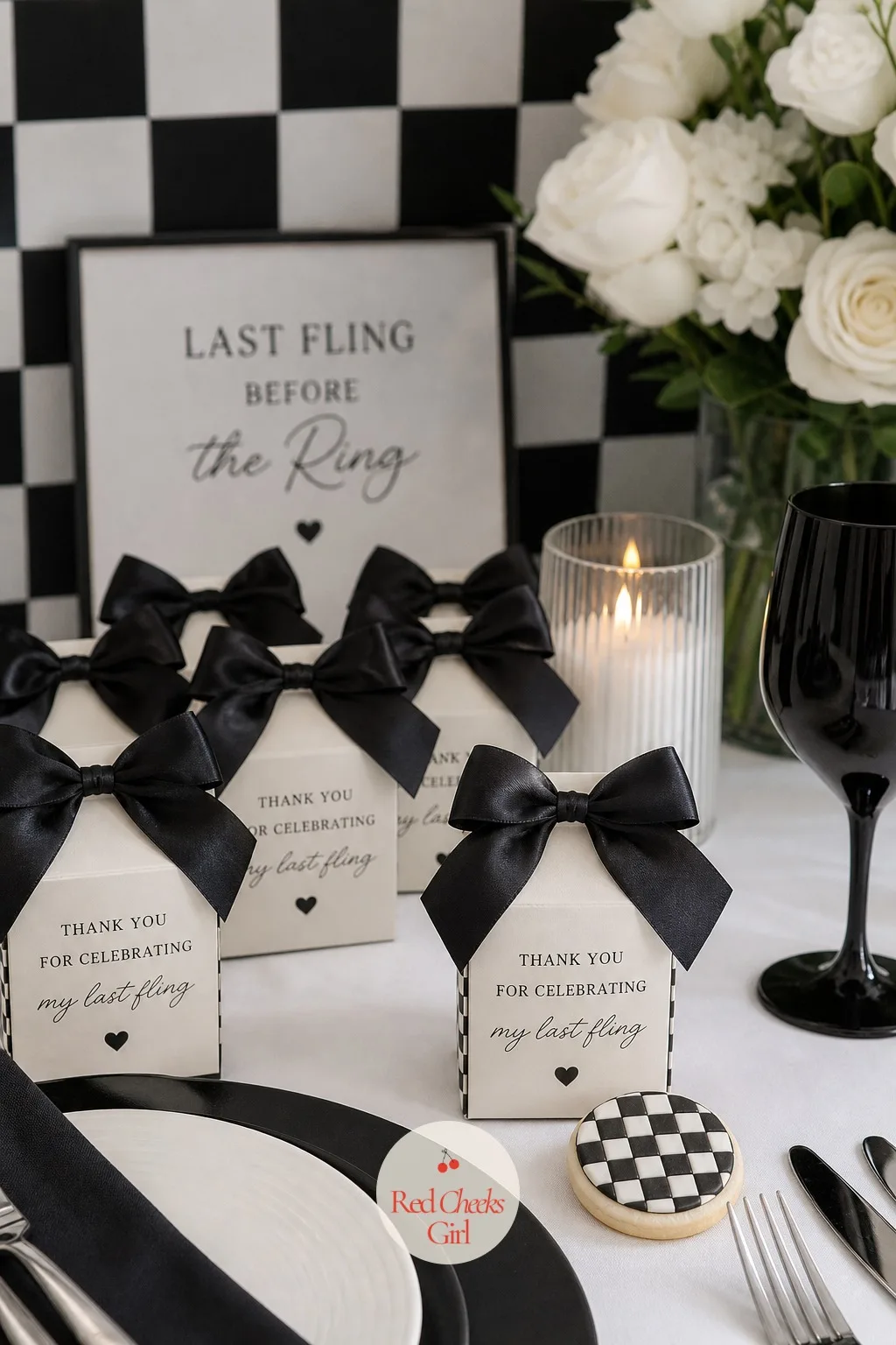 Bow Favor Boxes — A favor without a wrapper gets left on the table. Black and white bachelorette party