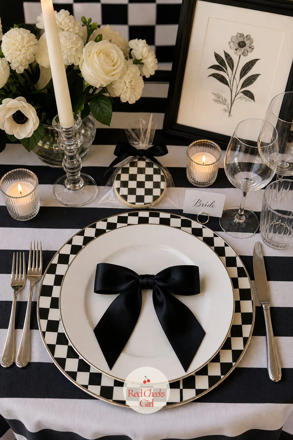 Checkerboard Charger Plates — Under each white dinner plate, a checkerboard charger turns a simple place setting into one that looks styled rather than just