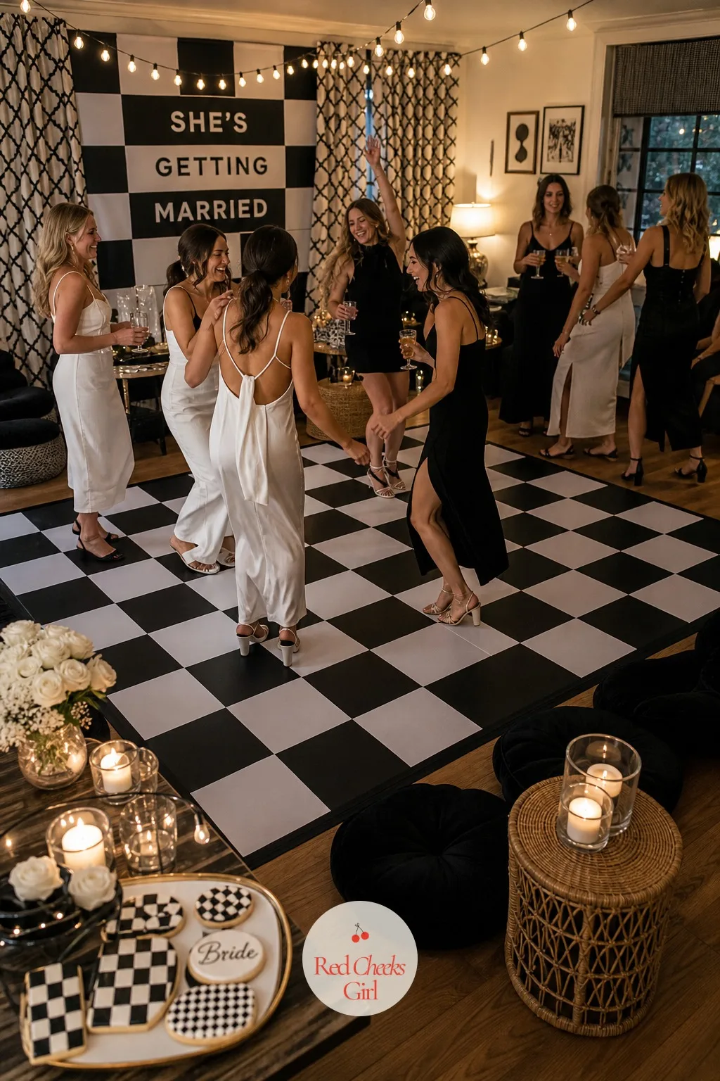 Checkerboard Dance Floor — Nobody wants to dance on beige carpet. Black and white bachelorette party