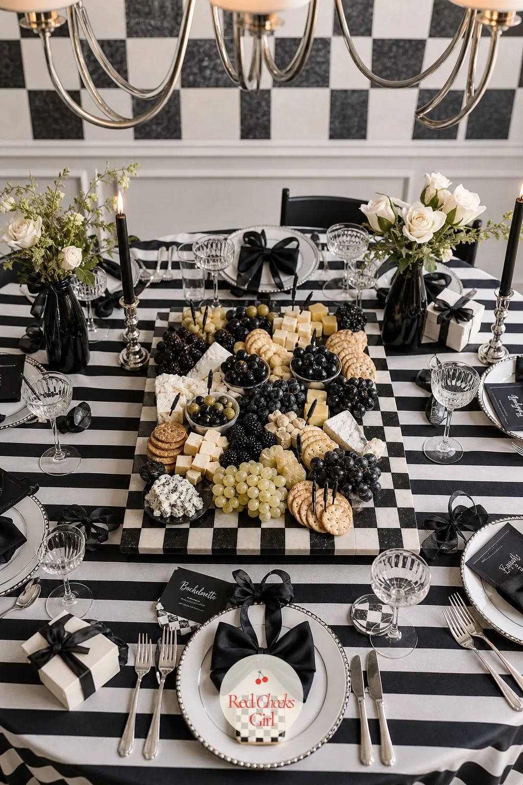 Checkerboard Grazing Board — A grazing board on a plain tray disappears next to a styled table. Black and white bachelorette party