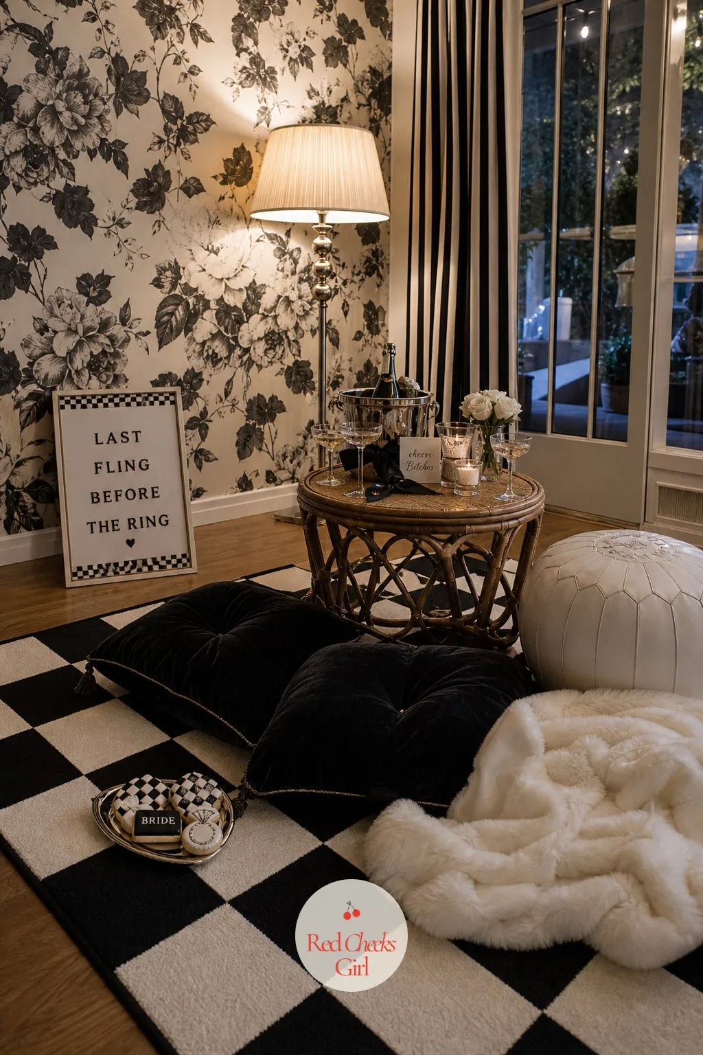 Checkerboard Lounge Nook — Someone always ends up sitting on the floor by hour two, so give her a proper spot to land. Black and white bachelorette party