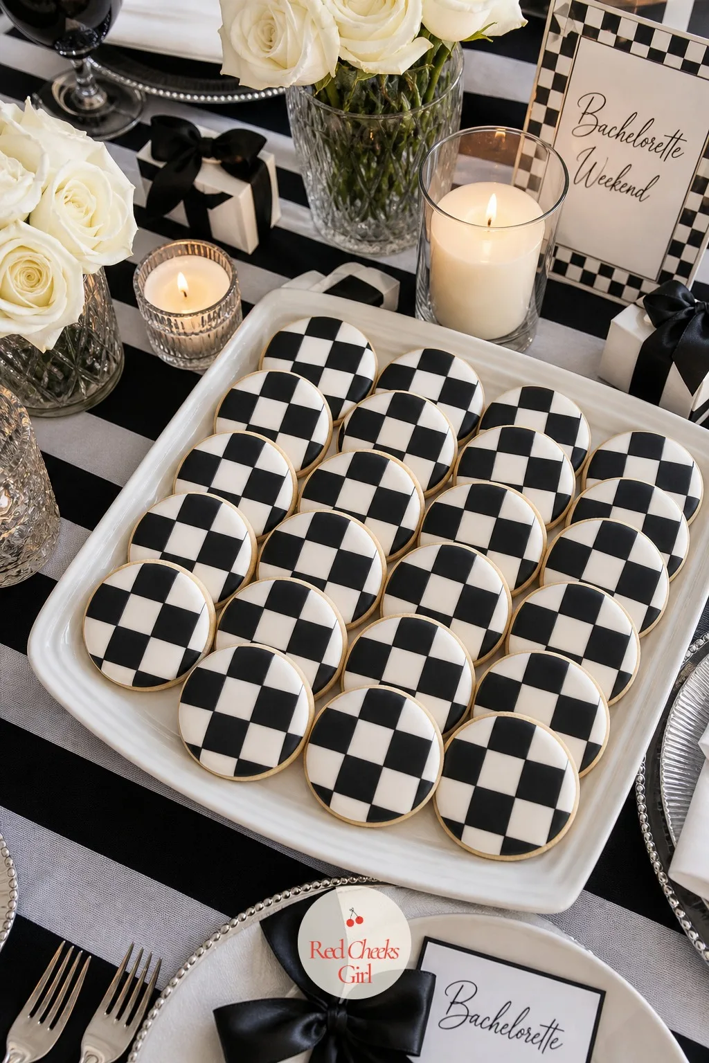 Checkered Cookies — Next to a full cake, the cookies get to be the smaller, easier-to-grab version of the same pattern, the kind a guest picks up on the way