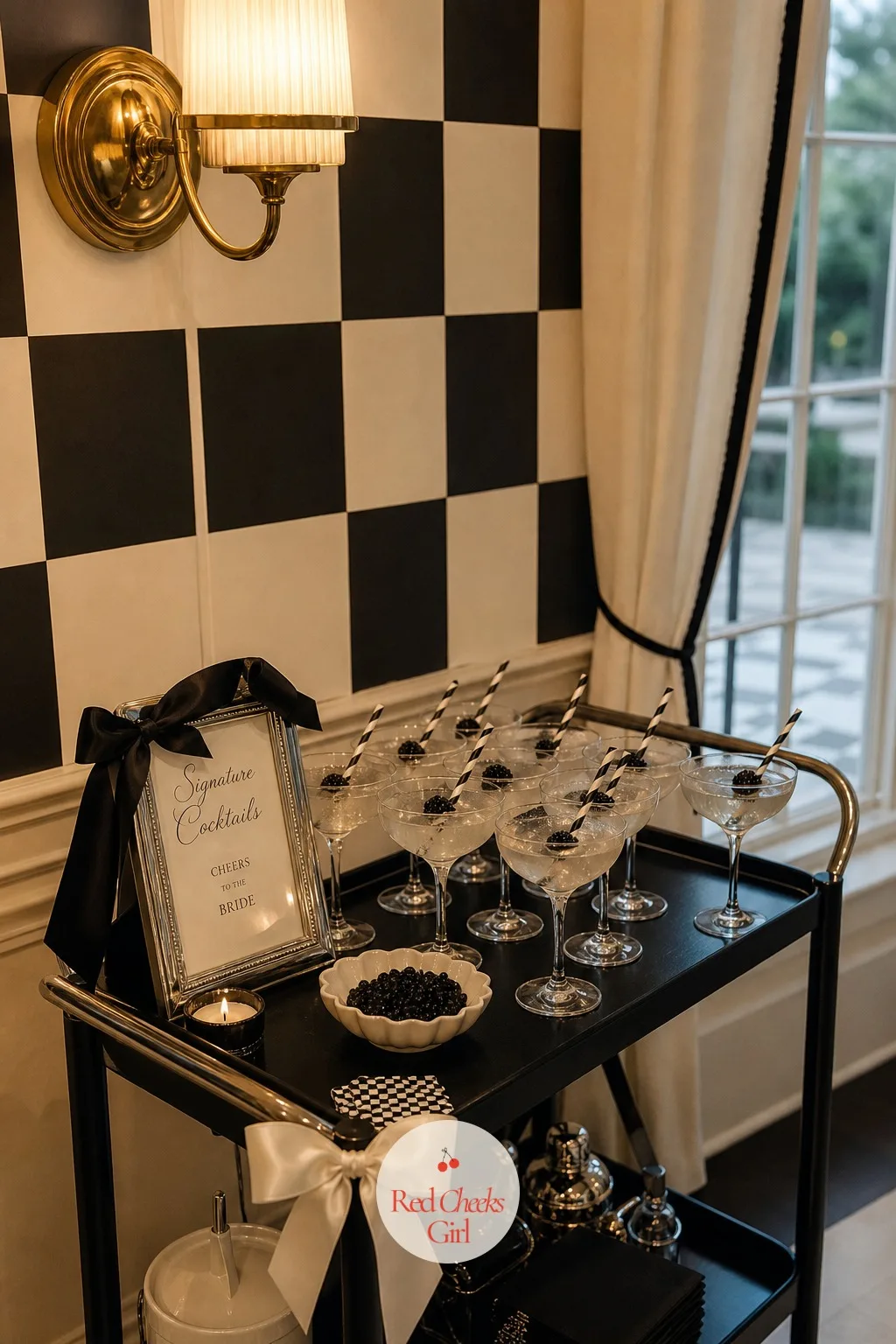 Signature Cocktail Bar With Black and White Garnish — A bar cart with plain glassware does not say anything about the party happening around it. Black and
