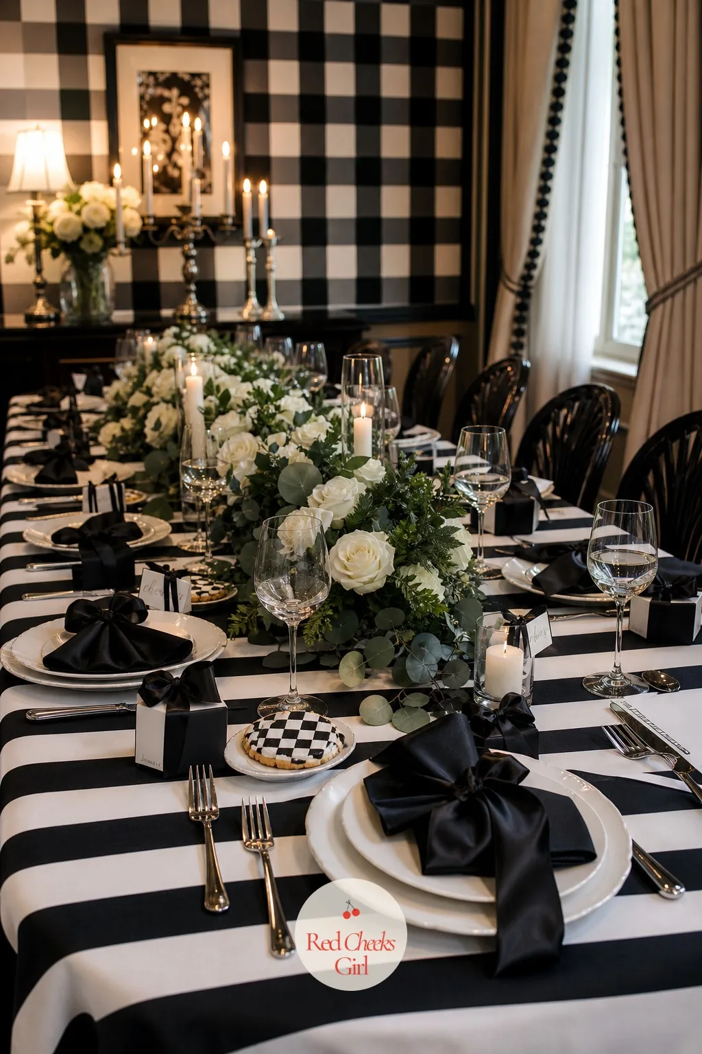 Striped Tablescape — A plain white tablecloth photographs flat. Black and white bachelorette party