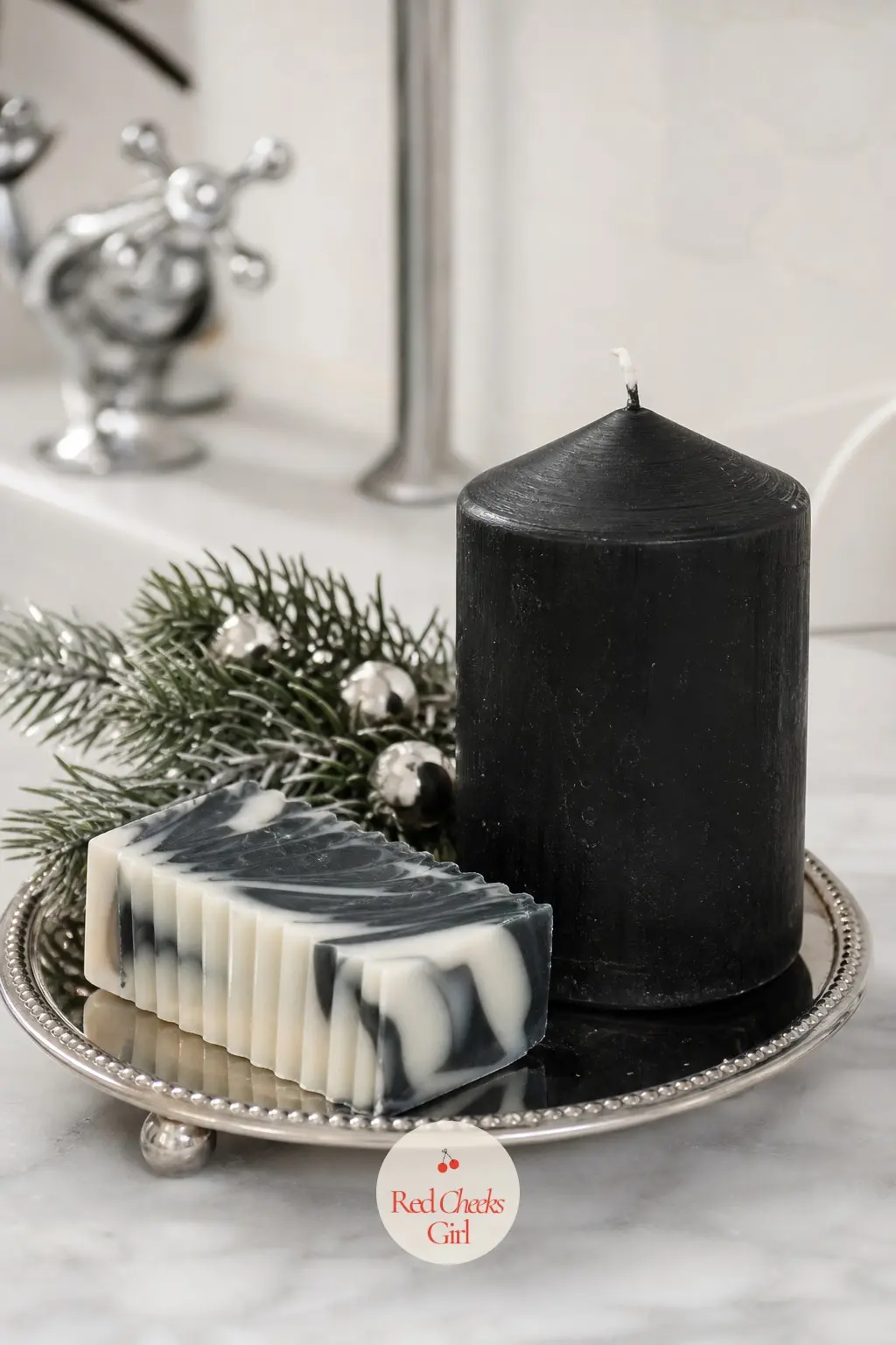 The Bath Caddy, Set With Striped Soap and a Black Candle — A small tray beside the sink holds one bar of black and white marbled soap, a single black candle