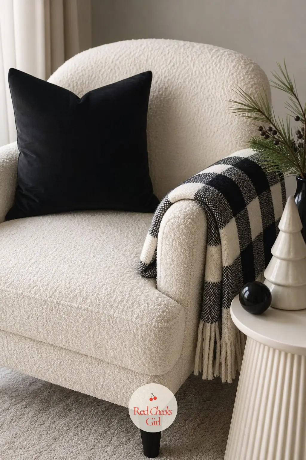 The Bedroom Chair, Draped With a Checked Throw — One accent chair in the corner of the bedroom gets a single graphic check throw folded over the arm, and a