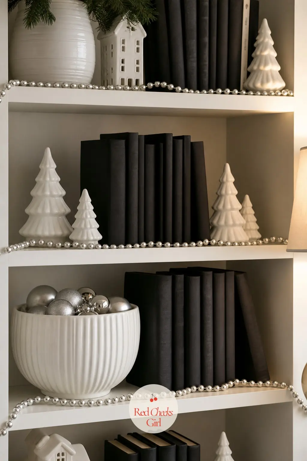 The Bookshelves, Styled in Black Spines and White Ceramics — Bookshelves rarely get dressed for Christmas, which is exactly why this corner surprises guests.