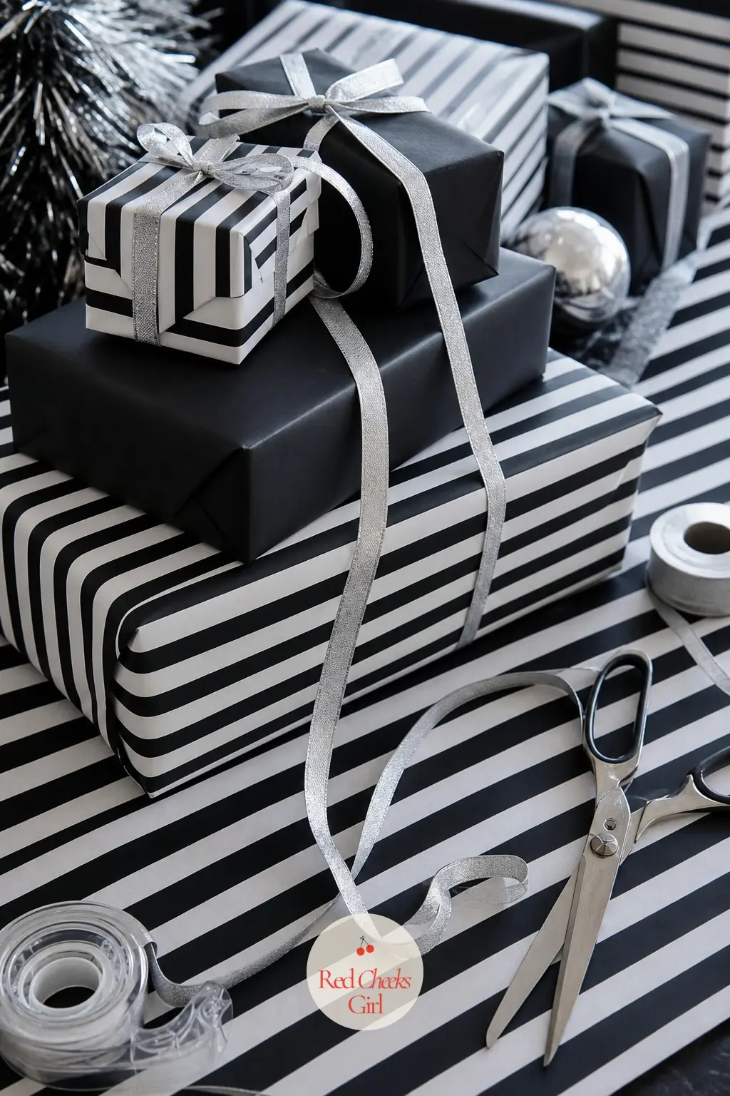 The Gift Wrapping Table, Papered in Black and White Stripes — Shot close on the parcels themselves, this corner is where the check motif turns into actual