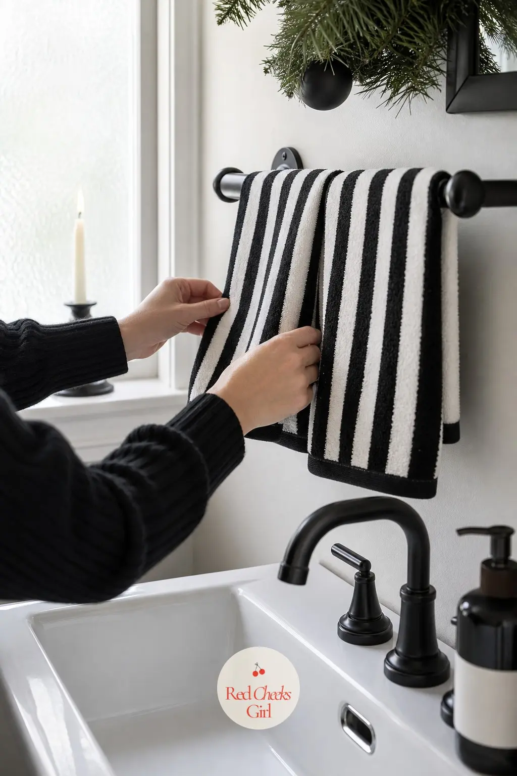The Guest Towels, Hung in Black and White Stripes — A guest bathroom gets its whole seasonal update from one set of striped hand towels on the rail, nothing