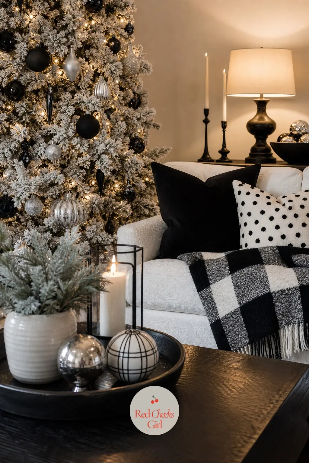 The Living Room, Washed in Lamplight and Graphic Check — The whole room gets the wide shot here, tree included, lamps lit against the early dark. Black and