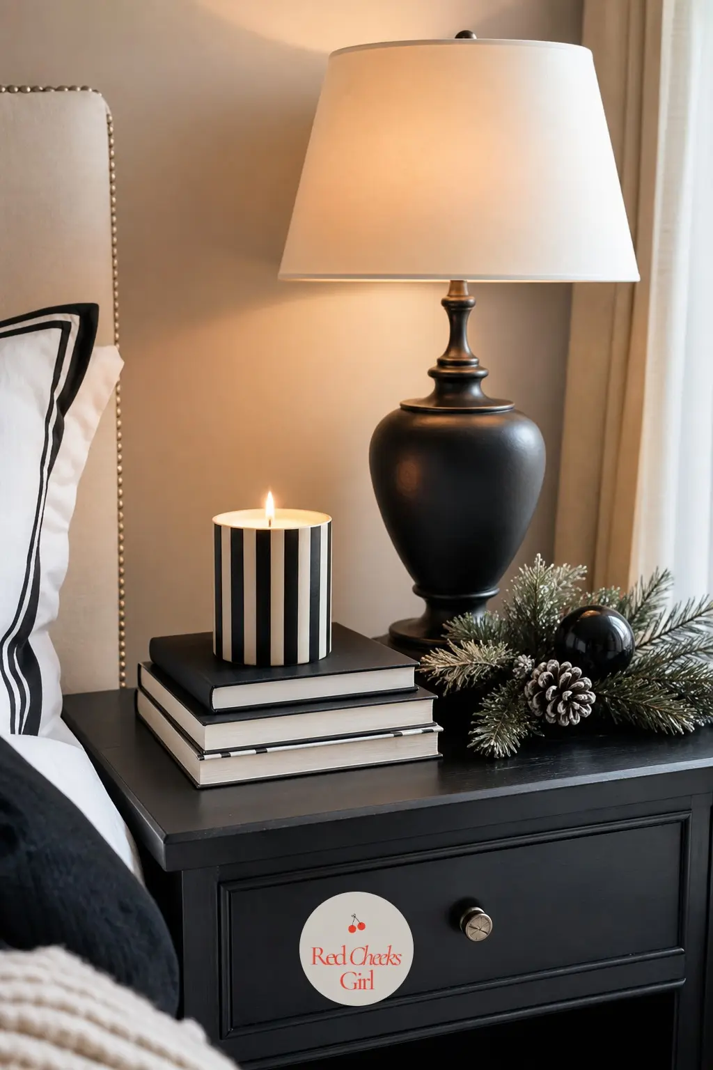 The Nightstand, Set With a Striped Candle and a Stack of Books — The nightstand gets one candle in a striped holder, a small stack of books, and nothing else