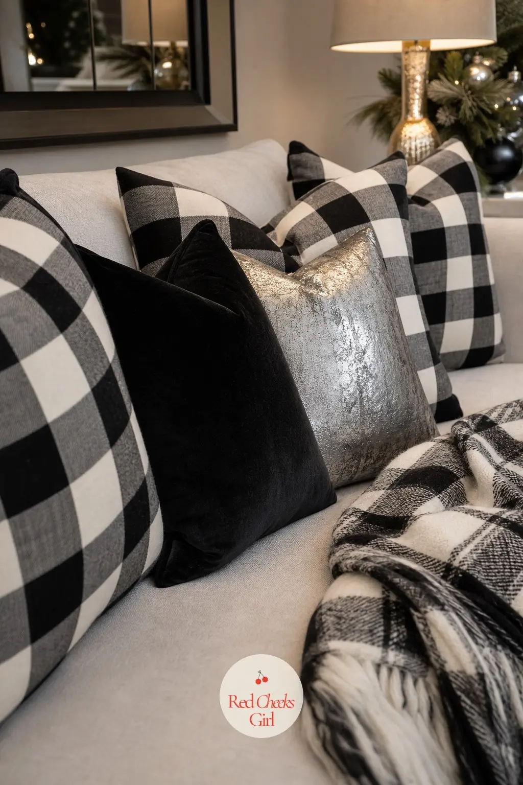The Sofa, Piled With Graphic Check Cushions — The sofa carries the motif at its most wearable: a run of check cushions in black and white, one solid black