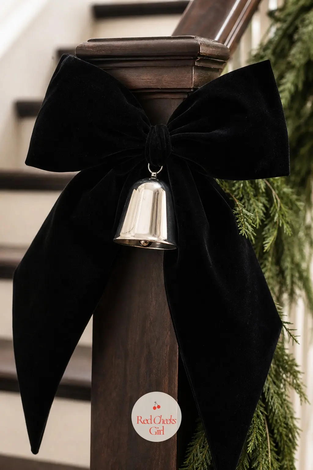 The Stair Posts, Tied With Oversized Black Bows — Where the banister meets each newel post is its own small moment, finished with one oversized black bow and a