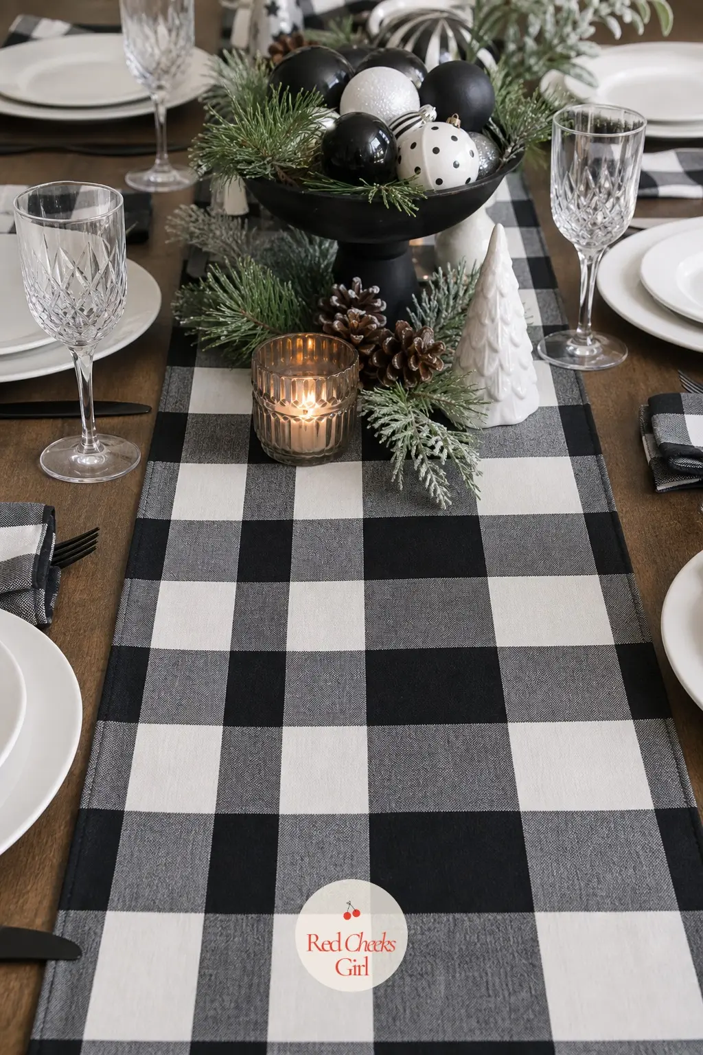 The Table Runner, Laid in a Graphic Check — The dining table gets the check in its most formal form: a printed runner laid straight down the centre, plain