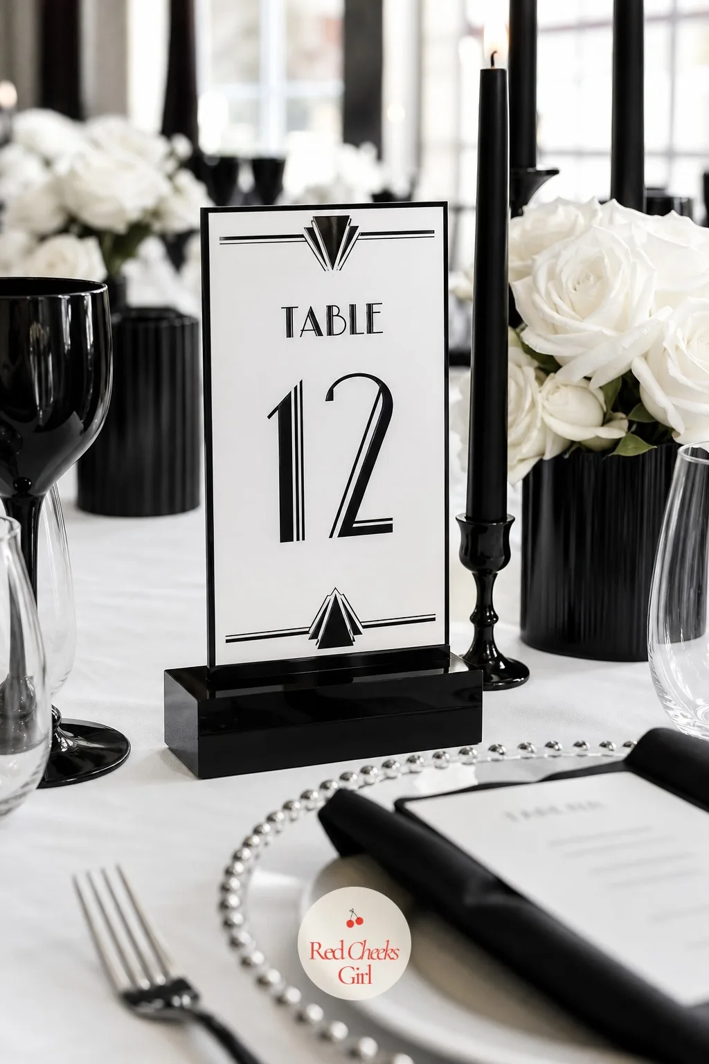Art Deco Table Numbers — A plain printed number card gets lost on a table already full of candles and flowers. Black and white wedding decor