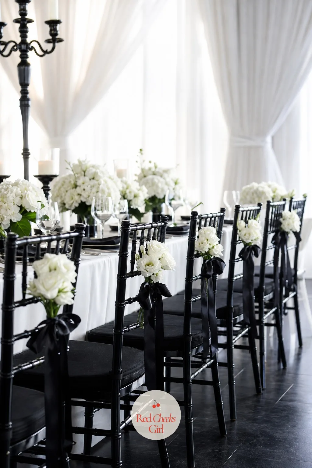 Black Chairs with White Flowers — Rows of plain chairs make the table look finished but the room between tables look empty. Black and white wedding decor